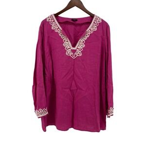 Talbots Linen Embroidered Tunic Top Fuchsia 3X